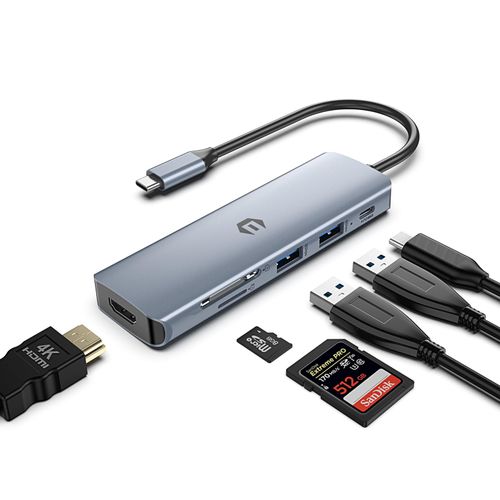 Oditton USB C Hub, 6 in 1 Multiport Adapter, 4K HDMI, 100W Charging, 3 x USB 3.0, SD/Micro SD Card Reader for Laptop and Smartphone, Compatible for USB C Laptops Dell/Surface and Other Type C Devices