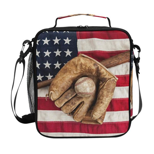 Lunch Box Bag Vintage Ball Baseball American Flag Lunchbox Insulated Thermal Cooler Ice Adjustable Shoulder Strap for Women Men Boys Girls