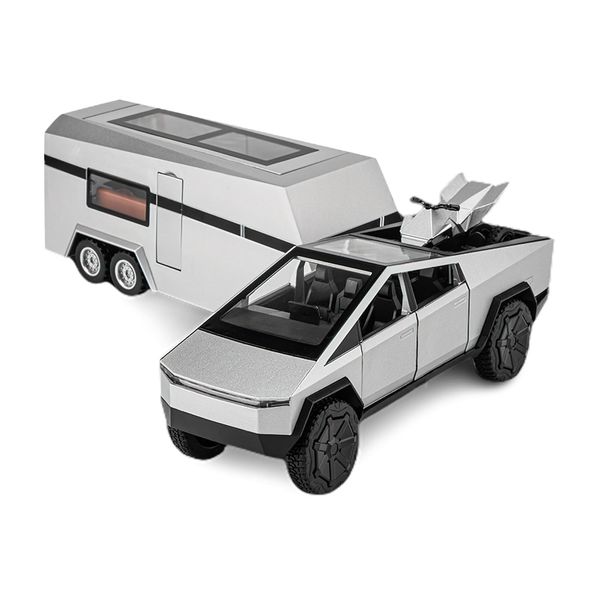 1/32 Tesla cybertruck Toy car 3-in-1 Travel Cybertruck RV Set with Metal Pickup, Removable Camper & Off-Road Motorcycle Cyberquad Cool Sound & Light Effects,Christmas Birthday Gift (Silver)