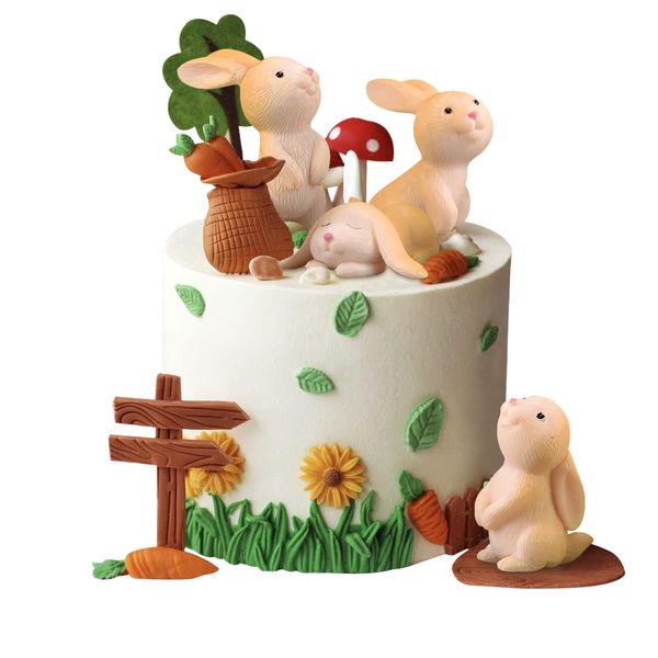 ZHIQIN 7 Pezzi Coniglio Decorazioni Torta Mini Figure Cake Topper per Torte Compleanno Happy Birthday Topper per Feste di Compleanno Statuette Cupcake Decorazioni