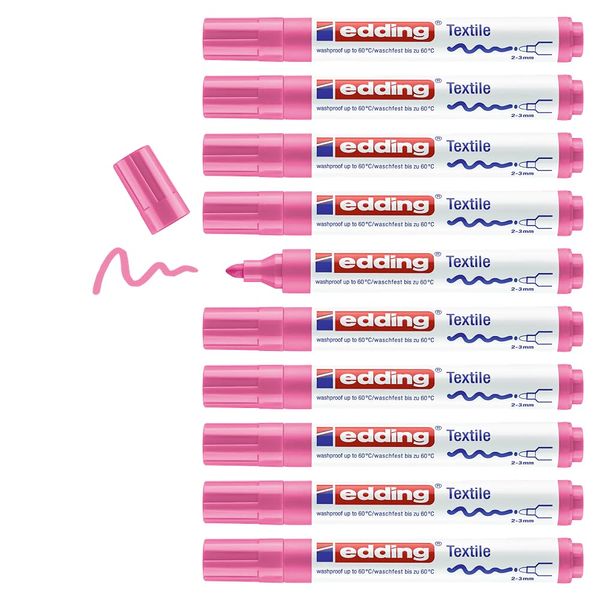 edding 4500 textile marker - pink - box of 10 - round nib 2-3 mm - permanent fabric markers for drawing on textiles, wash-resistant up to 60 °C - marker pens for fabric lettering