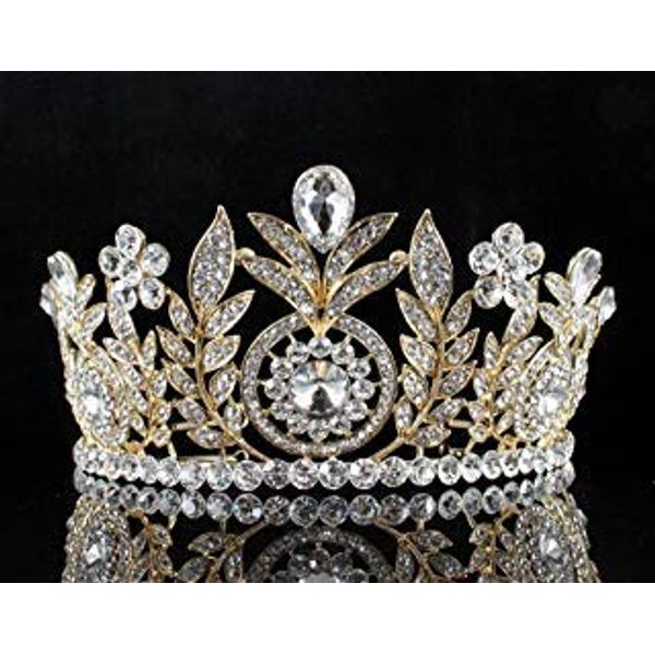 Floral Clear Austrian Crystal Rhinestone Hair Tiara Crown Wedding Rhodium-Plated Gold-Plated T12155 (Gold-Plate)