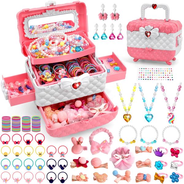 Kids Jewelry Toys for Girls Age 3 4 5 6 7 8 9 10, Toddler Dress Up Toy, Pretend Play Jewelry Set, Princess Jewelry with Hair Clips, Hair Ties, Toddler Girl Toys, Christmas Birthday Gifts for Girls