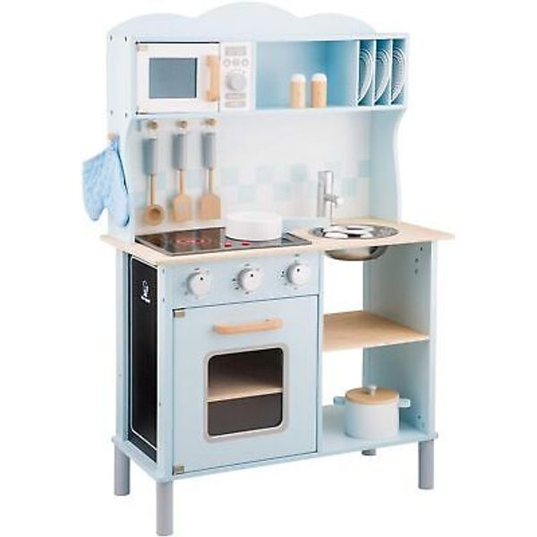 New Classic Toys Blue Wooden Pretend Play Toy Kitchen for Kids with Role Play...