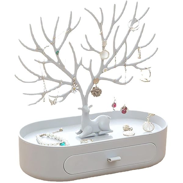 Foryo Jewellery Stand Holder, Earring Ring Display Jewelry Organizer Deer Antler Tree Design With Drawer for Home Decor, Decoration Gift, Girls Birthday Gifts (White)