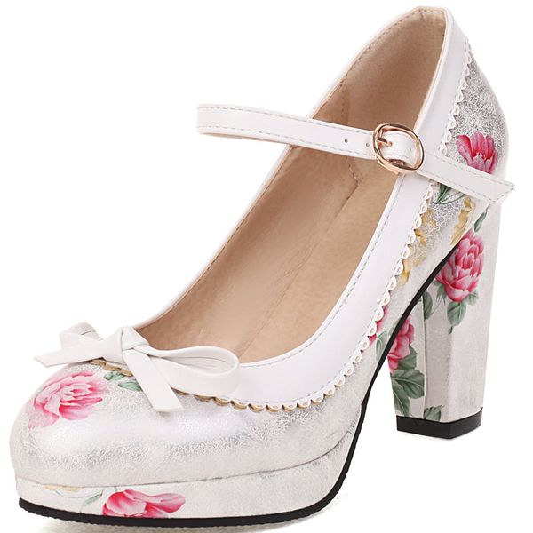 CUTEHEELS Women Elegant Floral Print Mary Janes with Block Heels White