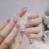 24 Pieces Nail Tips Pink Starry Sky Flash Rhinestone Chain Decoration Girly Nails