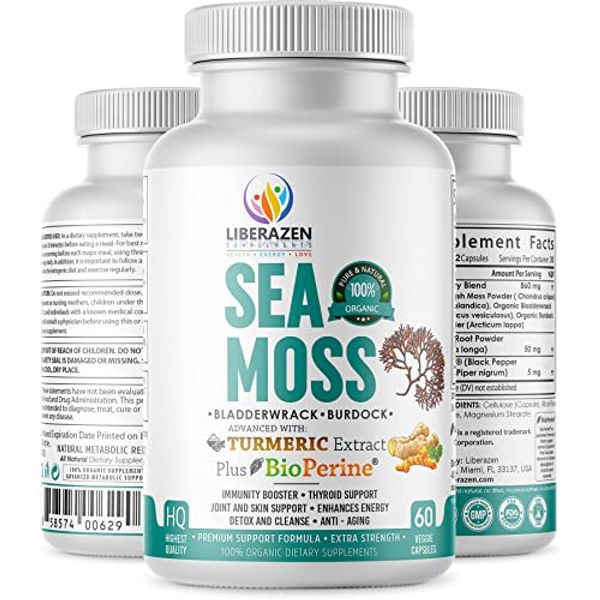 Organic Irish Sea Moss Pills - Wildcrafted Dr Sebi Inspired Seamoss Blend with Turmeric, Burdock Root & Bladderwrack, Enhanced with Black Pepper - 60 Capsules