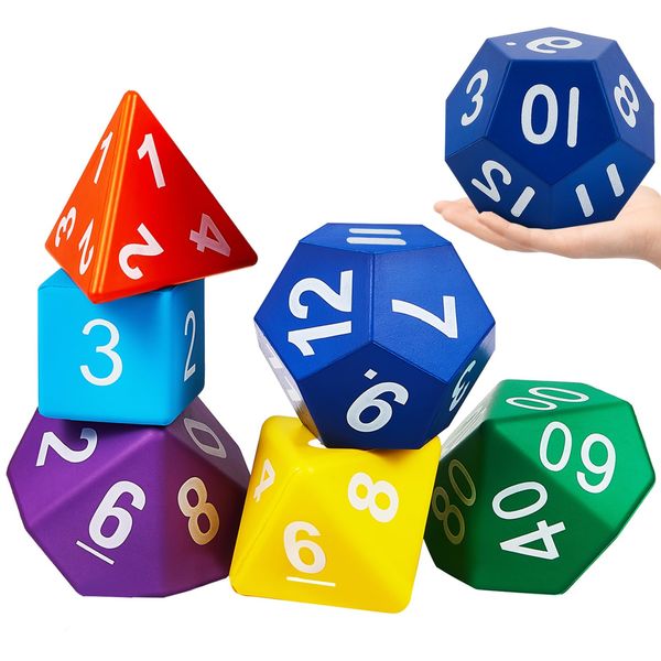 Arrowbash 7 Pcs Jumbo Polyhedra Dice 3.94 Inch Jumbo Foam Polyhedral Dice 7 Set 4, 6, 8, 10, 12, 20 Sides Dice Gifts for Games Teach Numbers Addition Subtraction Probability Learning