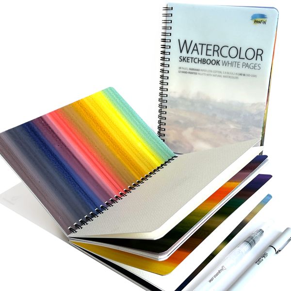 Insparea Watercolor Paper Sketchbook 5.5" x 8.5" 19 Sheets 140 Lb 300 GSM Cold Press Cotton Watercolor Journal 12 Palettes Premium Watercolor Paints Pigment Liner 0.5 Aqua Brush Reverse Coloring