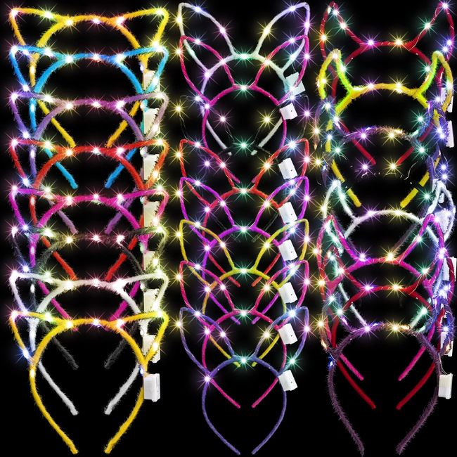 24 Pieces LED Cat Ear Headband, LED Headband Light up Cute Rabbit Ear Headband Luminous LED Headband for Women Girls Kids LED Hair Accessories Halloween Christmas Party Supplies