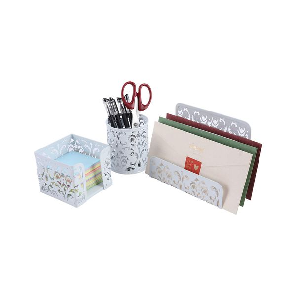 EasyPAG Cute Office Supplies 3 Piece Desk Organizer and Accessories Set - Letter Sorter, Pen Holder,Sticky Notes Holder,White