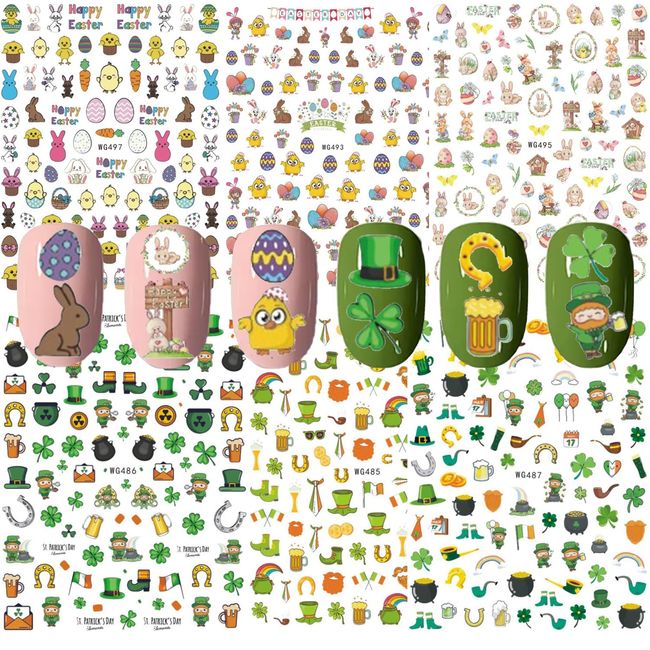 St. Patrick's Day Easter Nail Art Stickers Decals, 6 Sheets Shamrock Four Leaf Clover Bunny Egg Nail Stickers Decorations Accessories for Women Girls Kids 3D Self-Adhesive