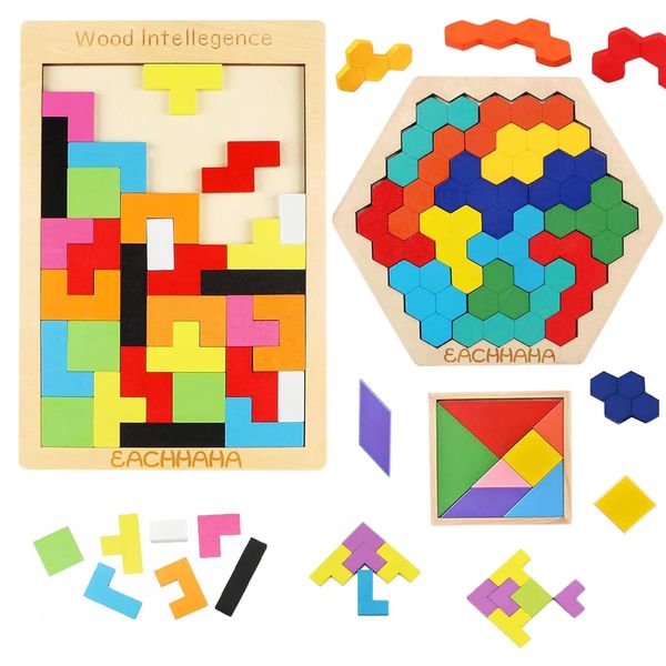 EACHHAHA 3-in-1 Wooden Blocks Puzzle Set,Hexagon Wooden Puzzle + Wood Russian Blocks + Tangram Puzzle for Kids,Intelligence Brain Teasers Toy STEM Educational Gift for Children(with Storage Bag)