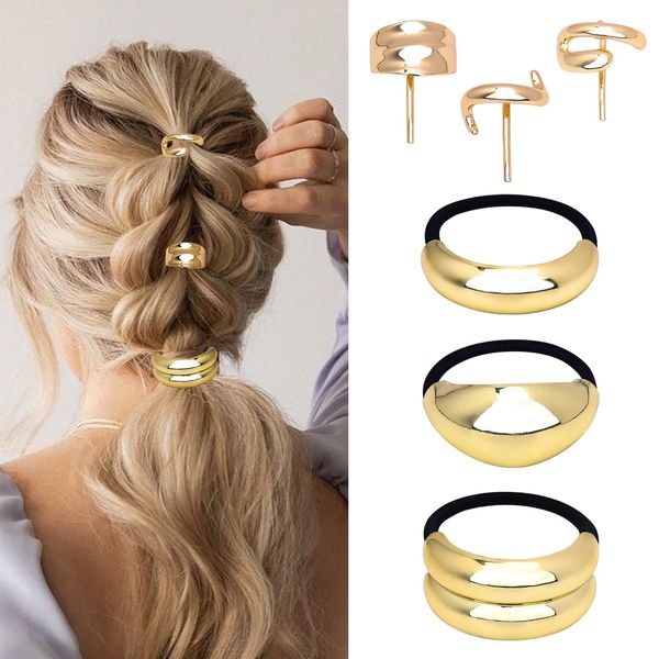 AUREHEN 6PCs Metal Hair Ties & Metal Hair Clips, Metal Simple Arc Elastic Hair Rope Hairband Cuff Wrap Metal Ponytail Holder Hair Buckles for Women Lady