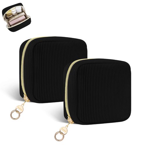 Playexen 2 Pack Small Makeup Bag for Purse, Corduroy Mini Cosmetic Pouch with Ring Buckle & 4 Inner Pockets, Portable Travel Makeup Pouch for Lipsticks, Coins, Earphone (Black)