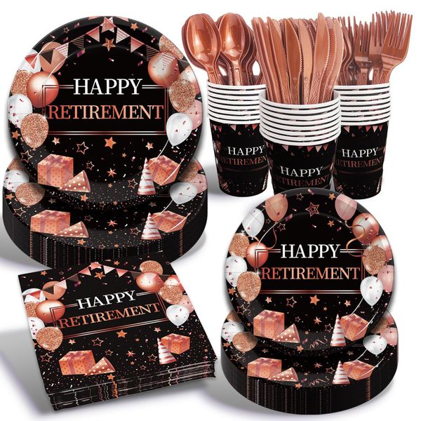 Kepeel 168 Pcs Retirement Party Supplies, Rose Gold Happy Retirement Party Decorations for Women Retirement Paper Plates Napkins Cups, Plastic Forks Knives Spoons for Going Away Party Decorations