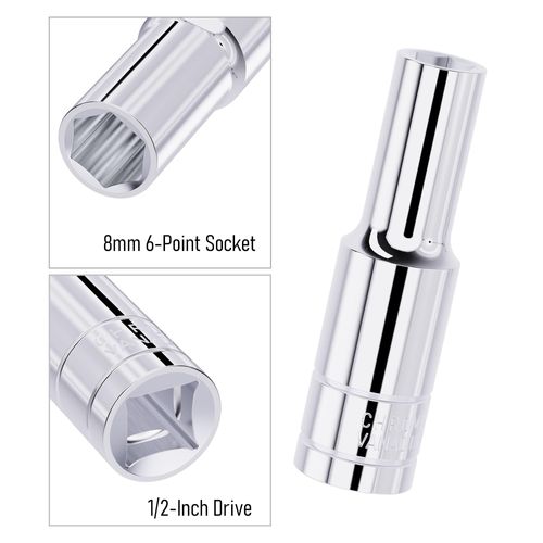 FOCMKEAS 8mm Deep Socket, 1/2 Inch Drive, 6-Point, Metric, Heat Treated CR-V Steel Sockets, Full Polishing, 3.1 Inch Length