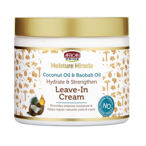 African Pride Moisture Miracle Coconut Oil & Baobab Oil Leave-In Cream - Provides Intense Moisture & Helps Repair Natural Coils & Curls, Hydrates & Strengthens Hair, 15 oz
