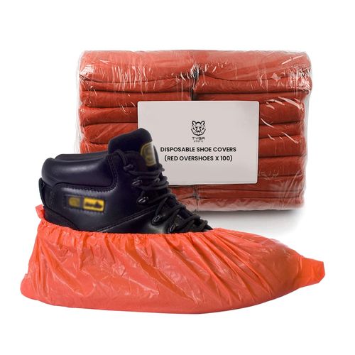 TYGA STORE (100 Pieces Disposable Shoe Covers - Red Plastic, Anti Slip, Dust Proof, Waterproof Overshoes - Indoor, Outdoor, Carpet, Floor, Rain, Boot, Safety, Cycling, Strong Foot Covering