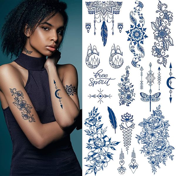 Aresvns Semi Permanent Tattoos for Women Teen Girls,Classic Flower Style Premium Temporary Tattoos Waterproof and Long-Lasting 2 Weeks,Dark Blue Realistic Fake Tattoos for Women