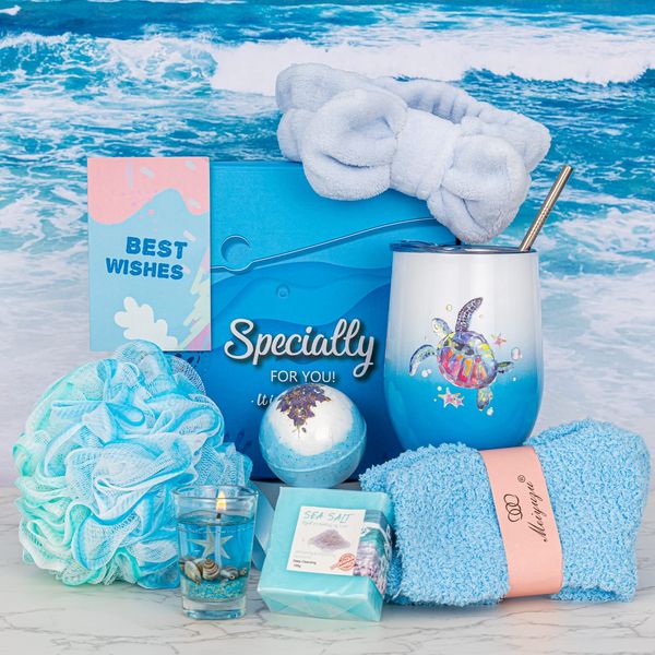 Self Care Package for Women, 9PCS Thinking of You Unique Birthday Gifts, Ocean Gifts for Turtle Lovers, Mother's Day Gifts Ocean Beach Theme Relaxing Spa Gift Box for Nurse Her Sister Best Friends Mom