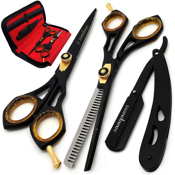 Saaqaans Professional Barber Shears Kit Tools - Hair Cutting Scissors Set for Hairdresser/Hair Salon + Thinning/Texture Hairdressing Haircut Shear for Beautician + Straight Razor + 10 Blades with Case