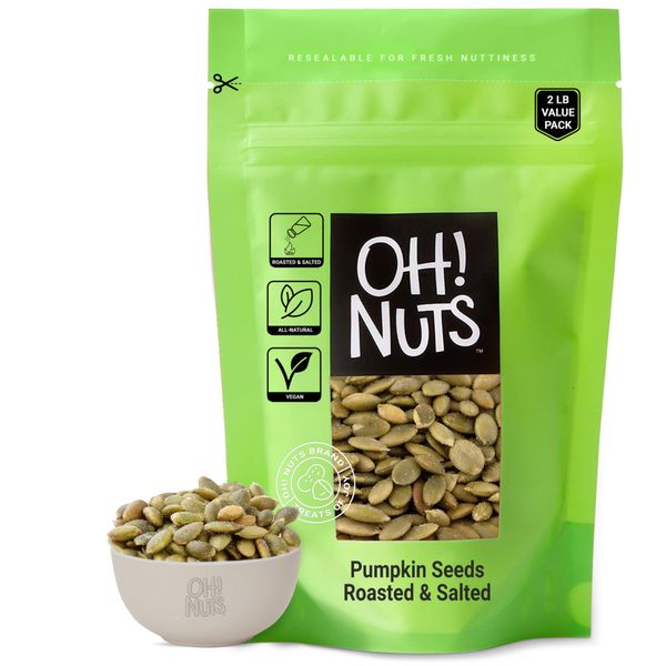 Oh! Nuts Pepitas Dry Roasted Salted Pumpkin Seeds | 2lb Bulk Bag Resealable | Shelled and Sprouted Pepitas | All Natural Protein Power | Fresh, Healthy Keto Snacks | Vegan & Gluten-Free Snacking