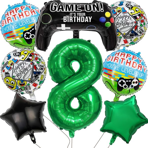 Video Game Party Balloons Supplies Include Huge Controller Balloons 32 inch Number 8 Foil Balloon Round Gaming Balloons Star Foil Balloons for Kids Boys 8th Birthday Decorations