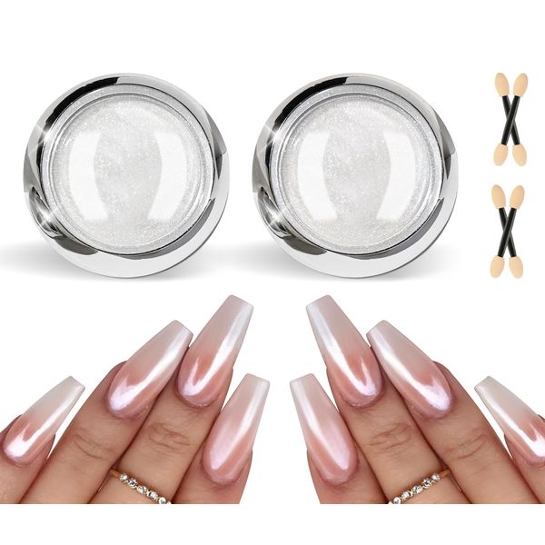 BISHENGYF White Chrome Nail Powder, Clear Ice Shimmer Chrome Pigment Powder for Nails, Glazed Donut Pearl Chrome Nail Powder to Achieve Mirror Effect Nails, Nail Art Powder for DIY Salon 2 Boxes