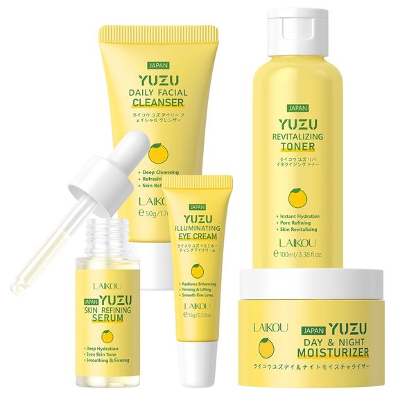 LAIKOU Skin Care Set YUZU Skin care with Cleanser, Toner, Serum, Eye Cream, Day Night Moisturizer Skin Care Kit 5pcs for Women Teen Girls Mom Daughter Birthday Valentine Mother's Day Christmas