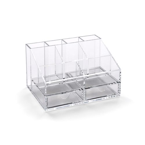 OSCO Small Clear Acrylic Desk Organiser | 6 Pack | 9 Compartments Plus 2 Drawers | Office Tidy | Stationery Storage | Pen Holder | Makeup sorter | Cosmetics Display | H10 x W16.5 D12 cm