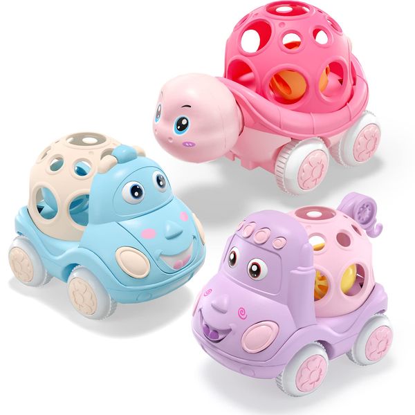 Baby Girl Toy Cars for Babies, Pink Car Toys for Baby Girls, Toy Car for Infant Toddler Girl, Easter Gifts for Baby Girl, Push and Go Trucks Rattles Soft Rattle Car for Toddlers Infants Gift