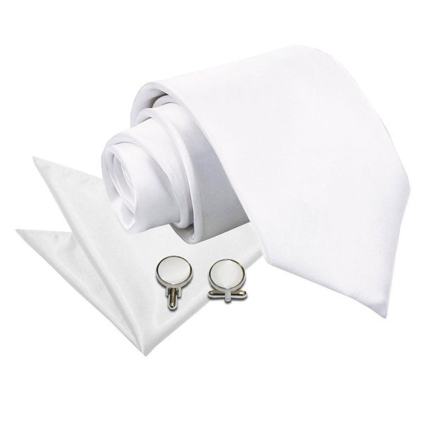 DQT Men Plain Satin 9cm Wide Tie + Pocket Square & Cufflinks Set - White