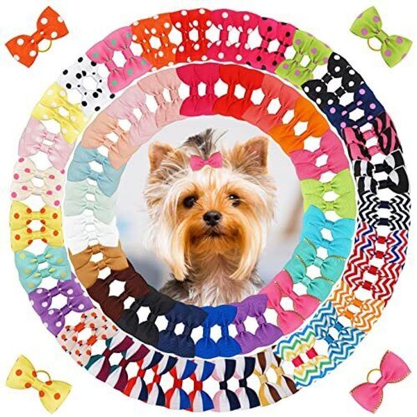 100Pcs/50Pairs Dog Puppy Yorkie Hair Bows w Rubber Band Pet Grooming Accessories