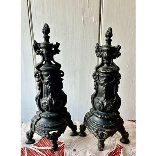 Antique ornate pair of fireplace andirons painted brass 12"