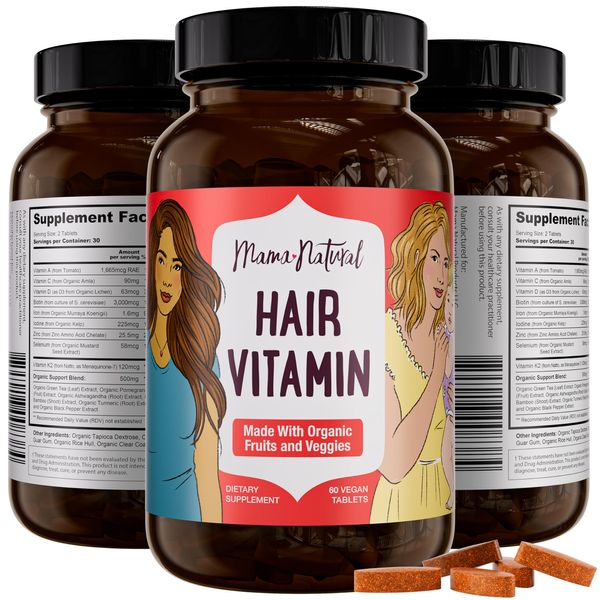 Mama Natural Hair Vitamins (30 Servings) - Hair Supplements to Support Postpartum Hair Loss and Revitalise Thinning Hair | Hair Growth Vitamins Made with Organic Fruits & Veggies | Vegan & Non-GMO