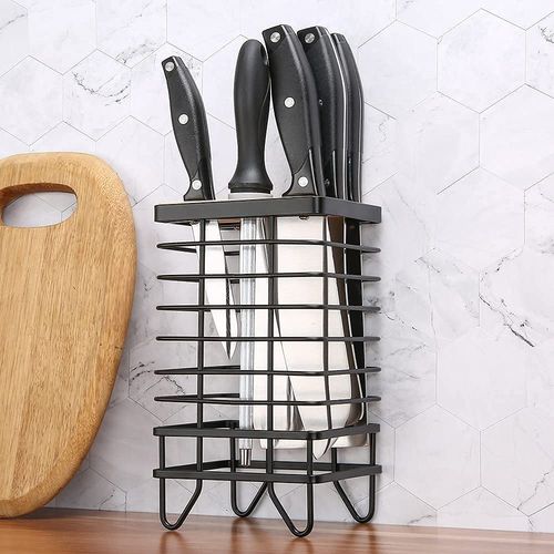 LINFIDITE Knife Block for Kitchen Universal Knife Storage Organiser 8 Slots Top Hollow Iron Wire Knife Rack Safe to Use Different Size Knife Scissors Kitchen Countertop Storage Black