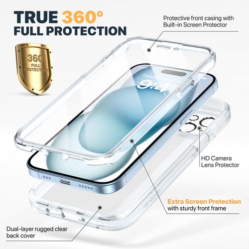 Diaclara Designed for iPhone 15 Case, Full Body Rugged Case with Built-in Touch Sensitive Anti-Scratch Screen Protector, with Camera Lens Protector for iPhone 15 6.1" (Clear)