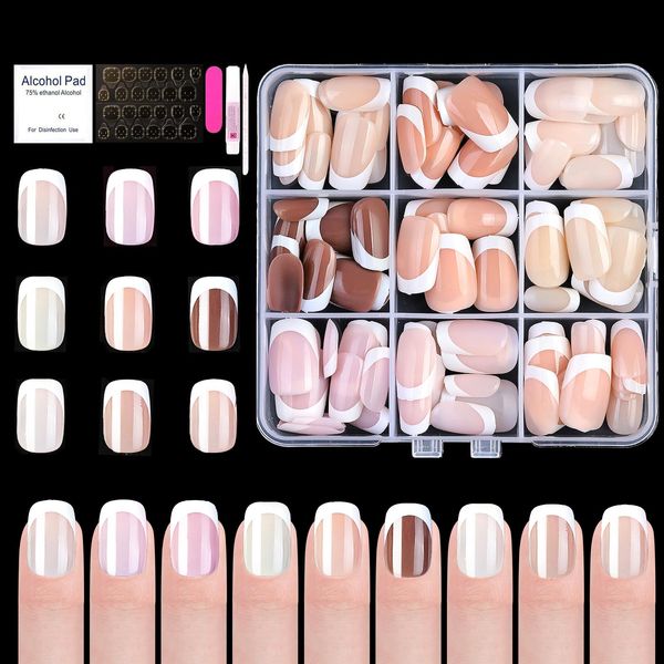 U-Shinein French Press On Nails, 9 Colors French Fake Nails, Full Cover French Nail Tips, 135 Pieces Short False Nails with Pre-Applied Base Coat & Tip Primer, Pre-made French Tips for Women, 06