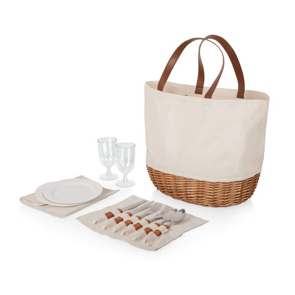 PICNIC TIME Promenade Picnic Basket for 2, Canvas and Willow Picnic Set - Includes Utensil Set, Glasses, and Plates, (Beige Canvas)