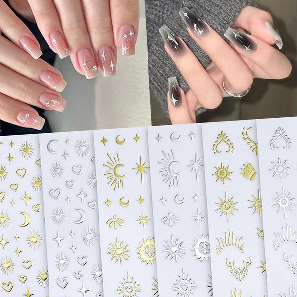 9 Sheets Moon Star Nail Stickers 3D Self-Adhesive Gold Silver Nail Art Stickers Sun Star Moon Nail Decals Shiny Star Stickers for Nail Art Decorations Star Nail Charms for DIY Acrylic Nail Supplies