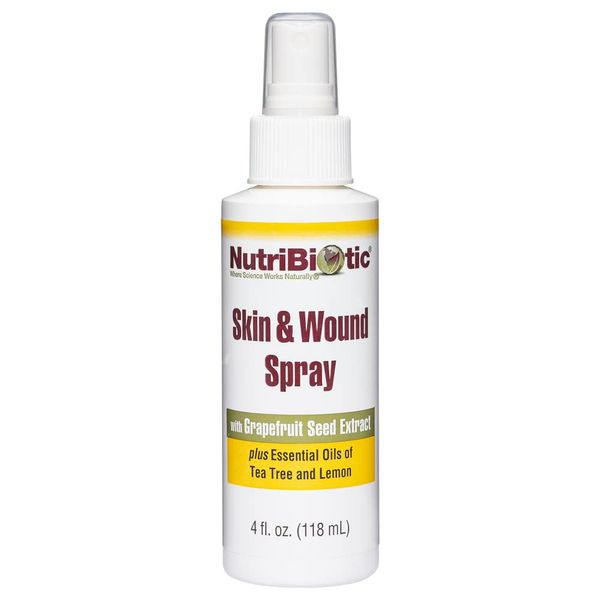NutriBiotic Skin & Wound Spray with GSE, 4 Fl Oz | Grapefruit Seed Extract Plus Tea Tree & Lemon Essential Oils | Helps Support Healthy Skin Tissue & Flush Irritants from Minor Wounds | Non-Medicated