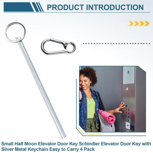 Small Half Moon Elevator Door Key, Schindler Elevator Door Key with Silver Metal Keyring, Easy to Carry, 4-Pack