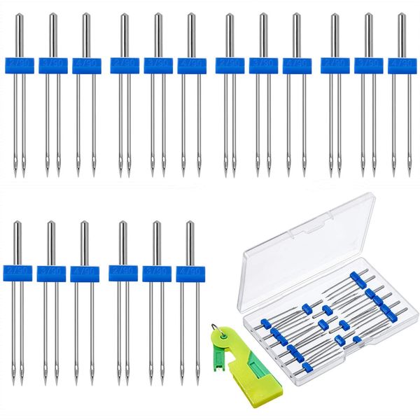 18Pieces Sewing Machine Double Needle Twin Needles and Stretch Needles Automatic Needle Threader Accessories,3 Sizes Mixed 2.0/90 3.0/90 4.0/90