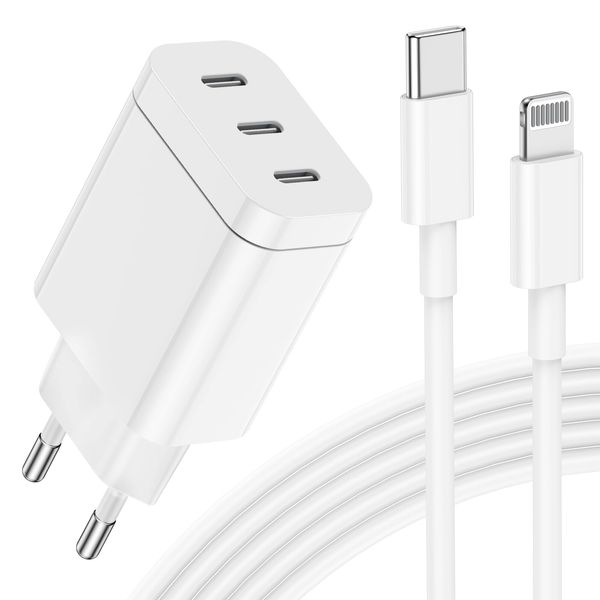 3 Port USB C Schnellladegerät,【Apple MFi Zertifiziert】 24W Ladegerät, Netzteil Stecker Power Adapter mit Lightning Ladekabel 2M Kompatibel mit iPhone 14 Pro Max/13/12/11/AirPods