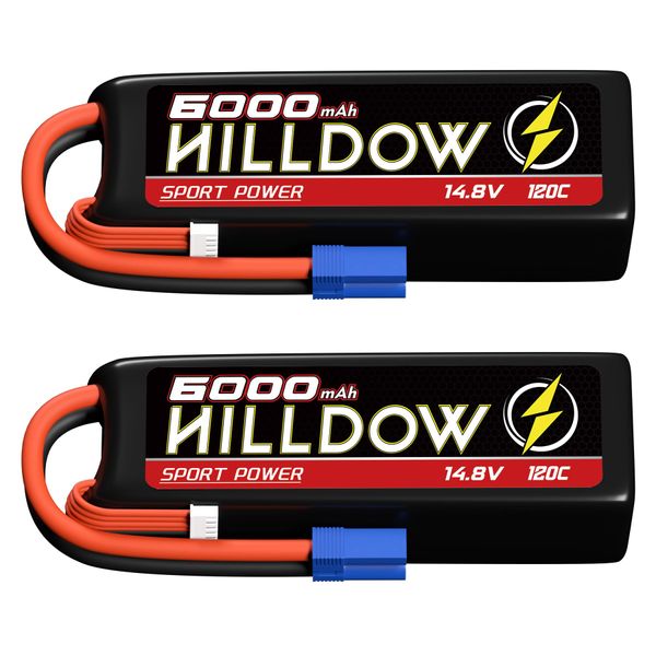 Hilldow 14.8V 4S Lipo Battery 6000mAh 120C RC Battery with EC5 Plug for for RC Buggy Truggy 1/10 Scale RC Truck Crawler Monster RC Car Boat (2 Packs)