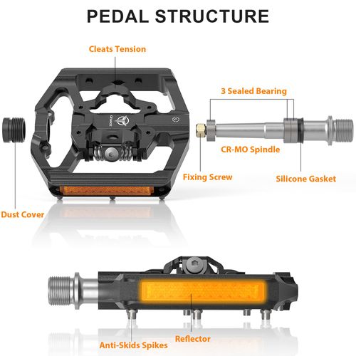 GEWAGE Mountain Bike Pedals with Reflector - 9/16 Inch Platform and Click Pedals Compatible with SPD - Bicycle Platform Mountain Pedals with 3 Sealed Bearings