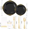 Nervure 350PCS Black Plastic Plates - Black Plastic Dinnerware Sets for 50 Gu...