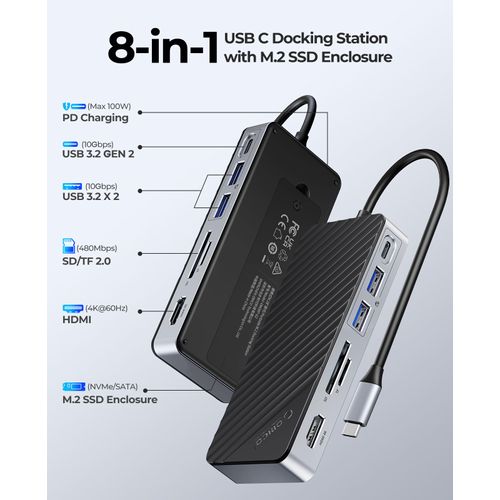 ORICO OM28P 8-in-1 USB C Docking Station with M.2 SSD Housing, USB C Hub with M.2 NVMe/SATA SSD, 10Gbps, 4K @ 60Hz HDMI, 100W PD, SD/TF Card Reader, 15 cm Cable Length